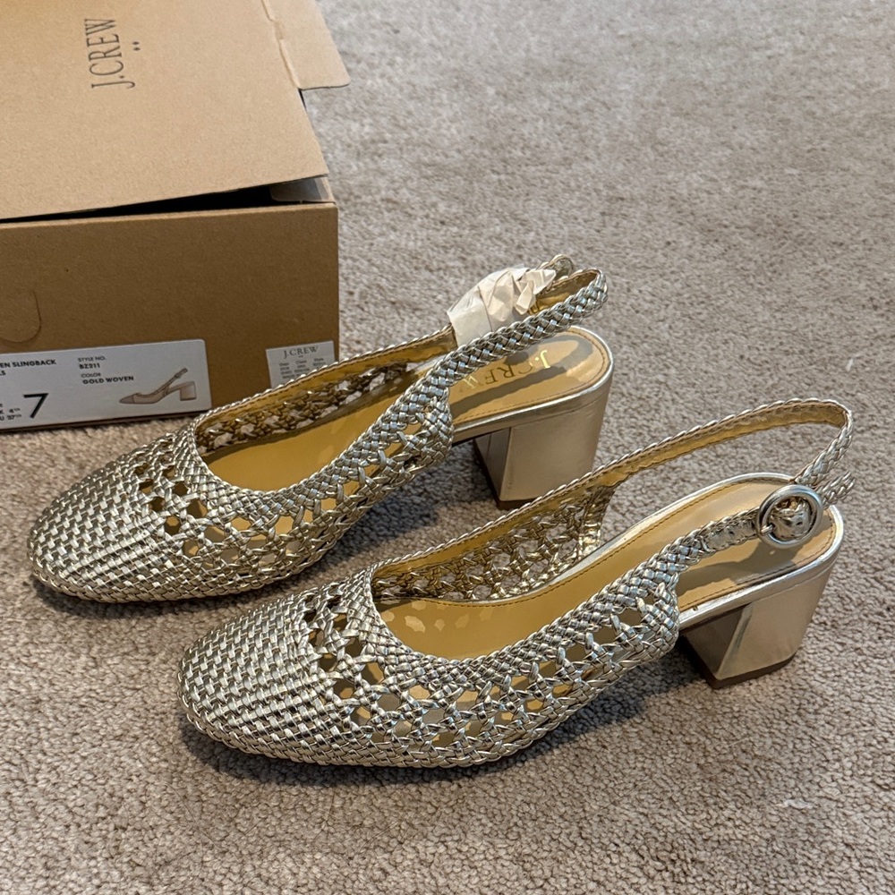 J. Crew Factory woven Metallic Gold Block Heel Slingbacks